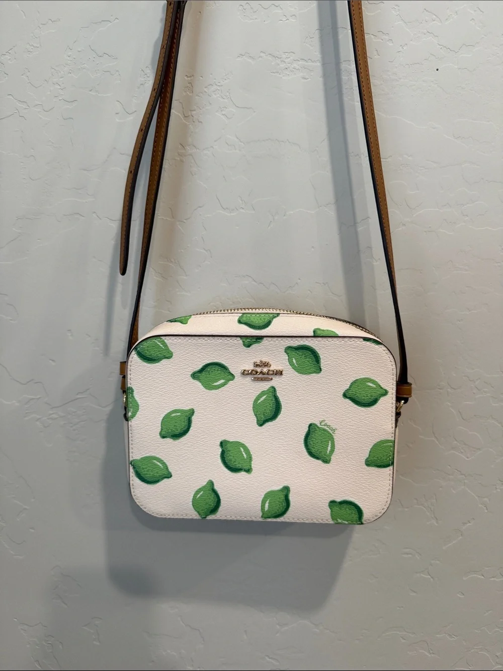 Coach Lime Print Crossbody Camera Bag White Leather Adjustable Strap NWOT